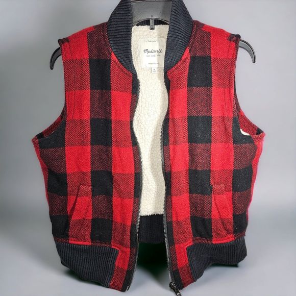Madewell Wool Vest Women Red Buffalo Plaid Sherpa Lined Cold Weather Size Medium - Picture 1 of 12